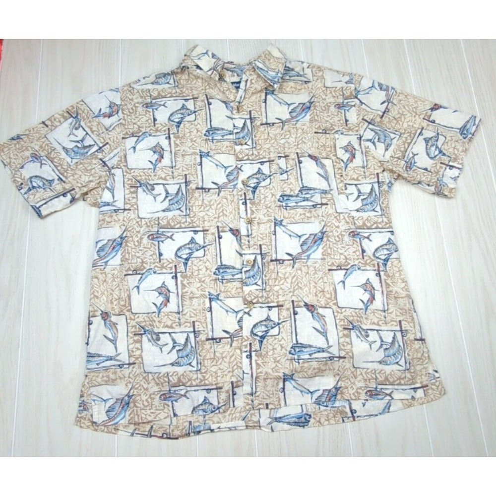 West Marine XL men's button front shirt cotton tan beige blue fish print marlins